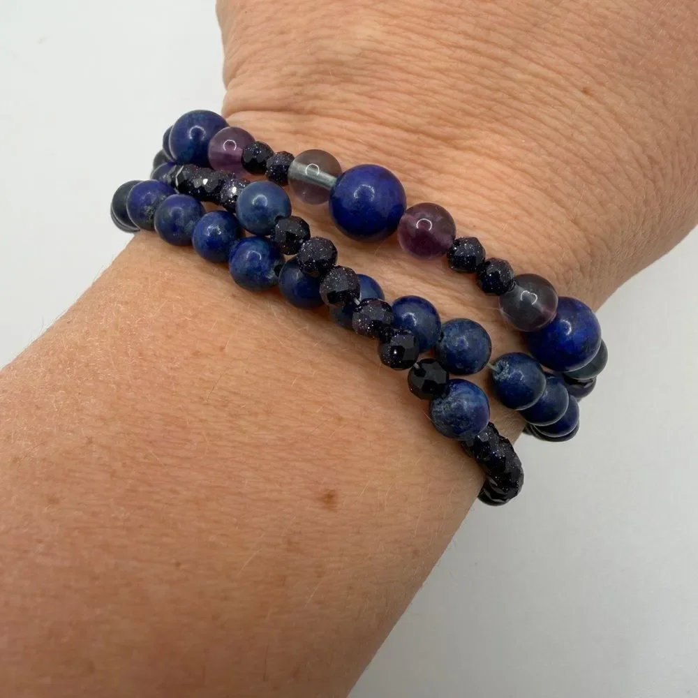 Three‎ strands of Lapis Lazuli, Fluorite, and Sandstone beaded bracelet w/ 925!